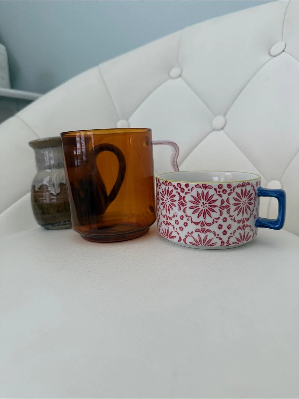 Amber Glass Mug with pink Curved Handle Bundle of 3 Boho Decor cups